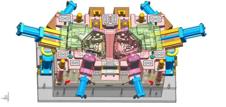Thermal FEA simulation showing conformal cooling channel layout for a large-format automotive door panel injection mold ”” channels follow the cavity contour at 8 to 12 millimeter consistent standoff distance