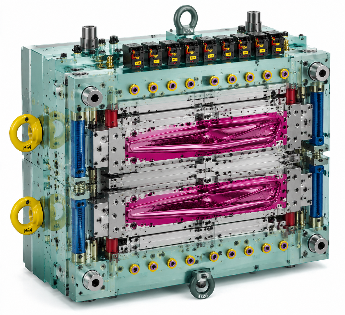 CAD mold design rendering — 3D solid model and mold flow simulation analysis for injection mold cavity layout optimization