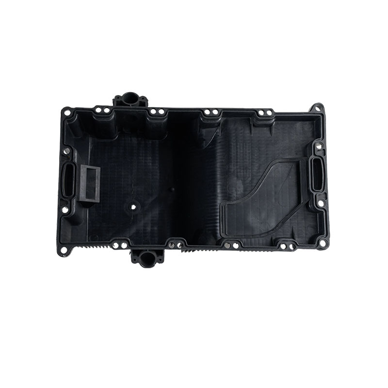 Automotive engine oil pan injection mold ”” alternate viewing angle showing mold base construction, guide pillars, and ejection system
