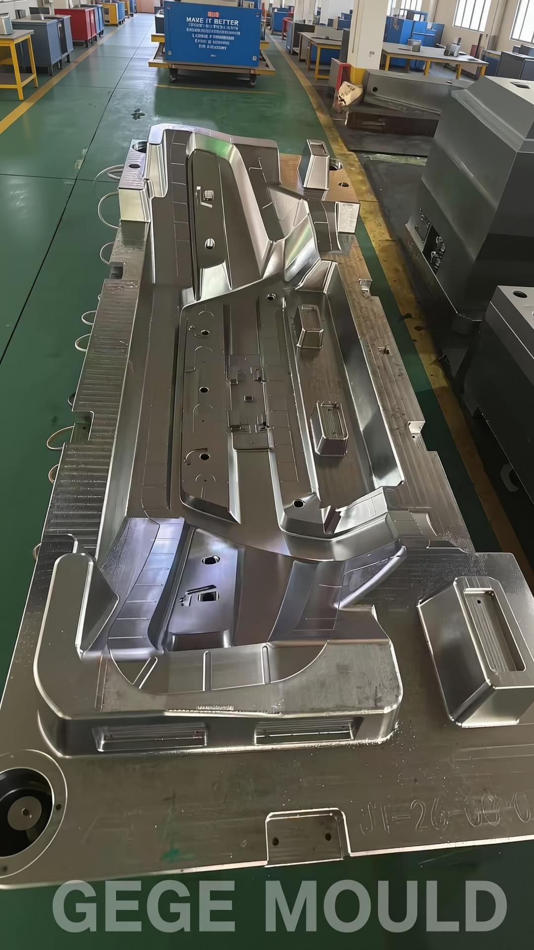 Injection molding production — completed mold tool mounted and ready for serial production run at Gege Mould