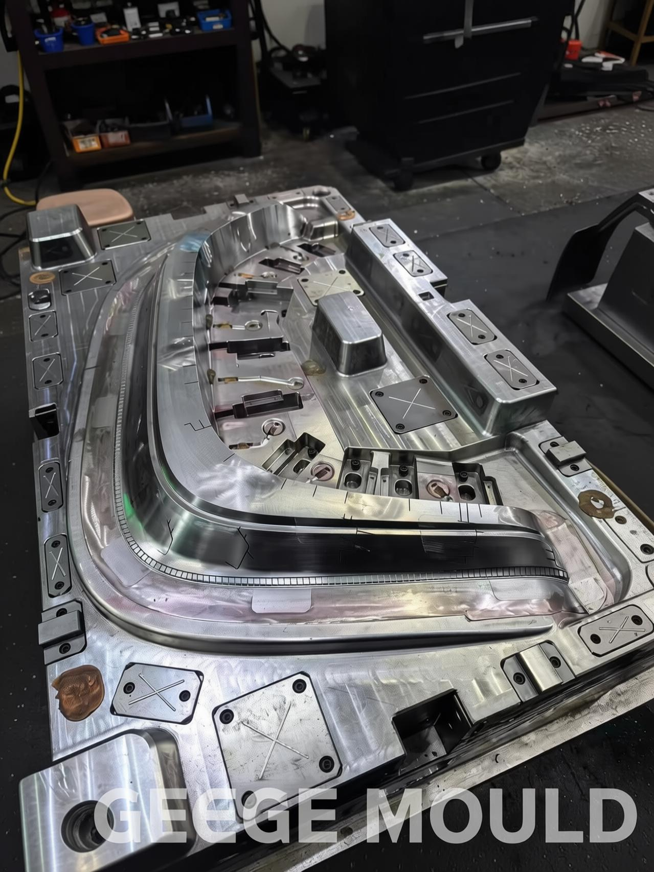 Injection mold cavity steel close-up — precision-machined mold core and cavity insert with polished surface finish and cooling channel detail