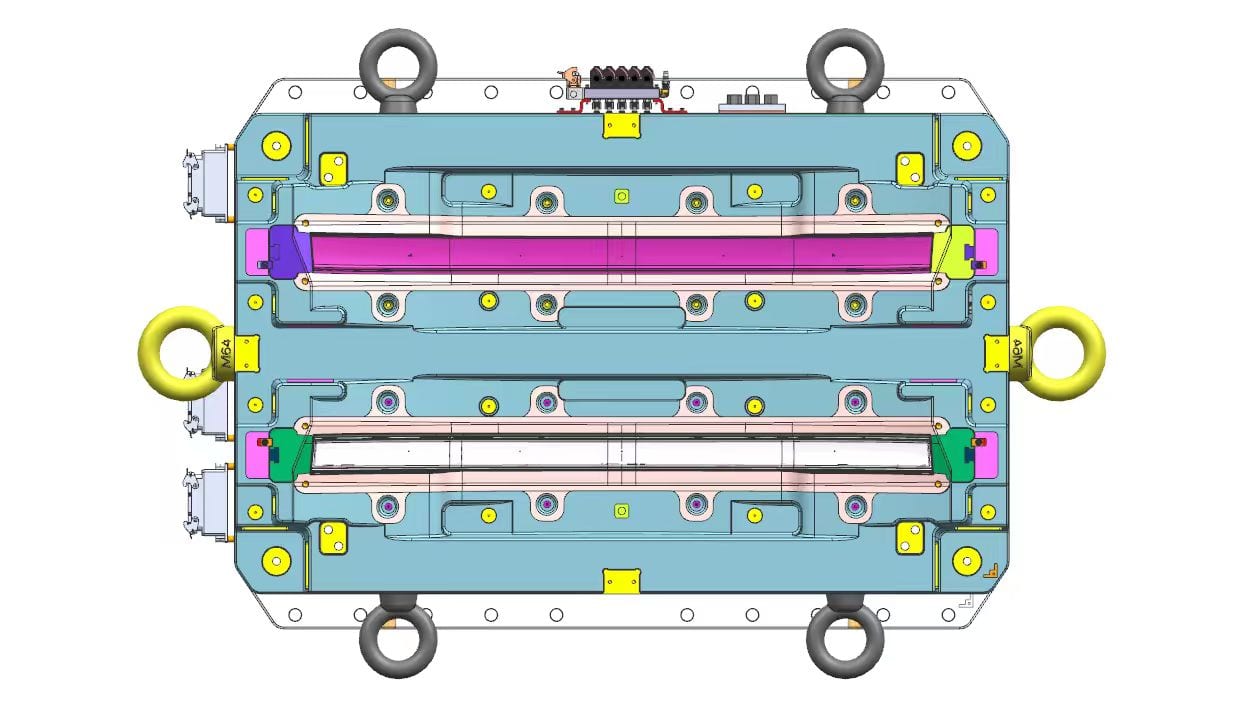 Automotive two-color running light injection mold — optical-grade tooling for full-width tail light lens and housing